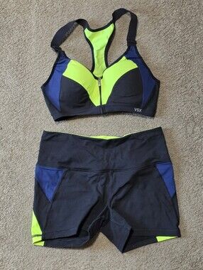 Victoria Secret Sport Neon Yellow Zip-Front 34B Sports Bra & Matching Shorts